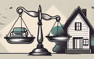 A balanced scale with a will on one side and a house and other assets on the other