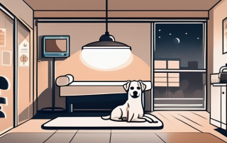 A veterinarian's office at night with a spotlight on a dog bed and medical equipment