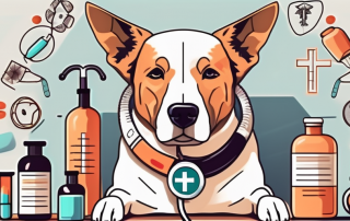 An elderly dog sitting comfortably with a stethoscope around its neck