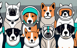 Several different breeds of dogs wearing protective gear like helmets and vests