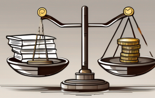 A balance scale with legal documents and coins on each side