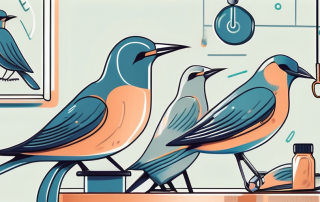 A variety of birds perched on a veterinary examination table with medical tools nearby