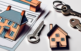 A set of keys on a table next to a house model