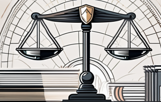 A balanced scale with legal documents and a shield symbolizing protection on each side