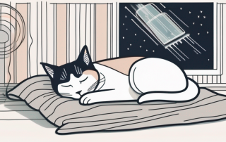 A cat peacefully sleeping under a blanket with a visible x-ray machine in the background