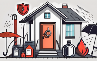 A house surrounded by various symbols of insurance like a shield