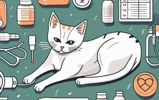 A cat sitting calmly on a vet examination table with a vaccine syringe nearby
