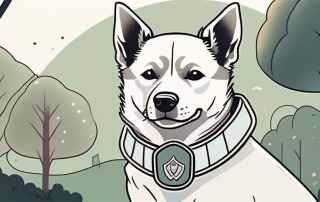 A dog wearing a collar with a small shield symbol
