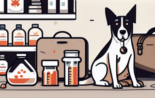 A dog sitting calmly next to a veterinarian's medical bag with a syringe and a vial labeled with a rabies icon