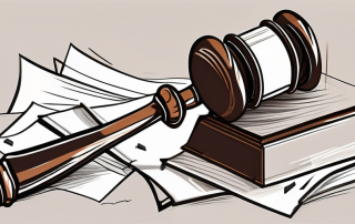 A broken gavel and scattered legal documents
