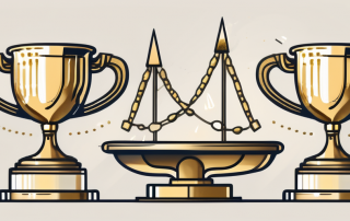 A balanced scale with various insurance policies on one side and a golden trophy on the other