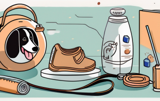 A wallet with bills and coins next to a variety of pet supplies such as a leash