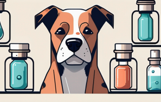 A dog sitting obediently next to a collection of five different vaccine vials
