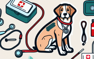 An older dog wearing a stethoscope around its neck