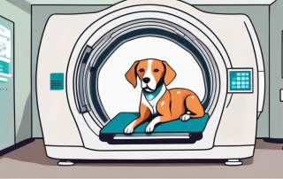 A dog sitting calmly inside a ct scanner in a veterinary clinic