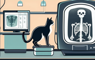 A cat calmly sitting inside an open x-ray machine in a veterinary clinic