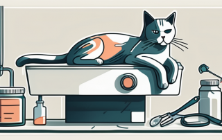 A cat lying on a veterinary operating table with various medical tools nearby