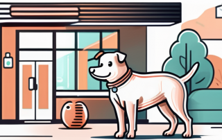 A dog wearing a bandage and a veterinary clinic in the background