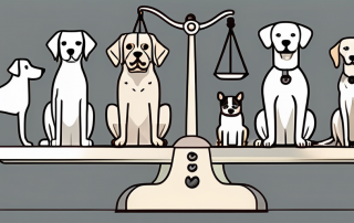Several different breeds of dogs standing on a balance scale