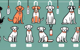 Several different types of dogs standing on a scale with price tags hanging from their collars