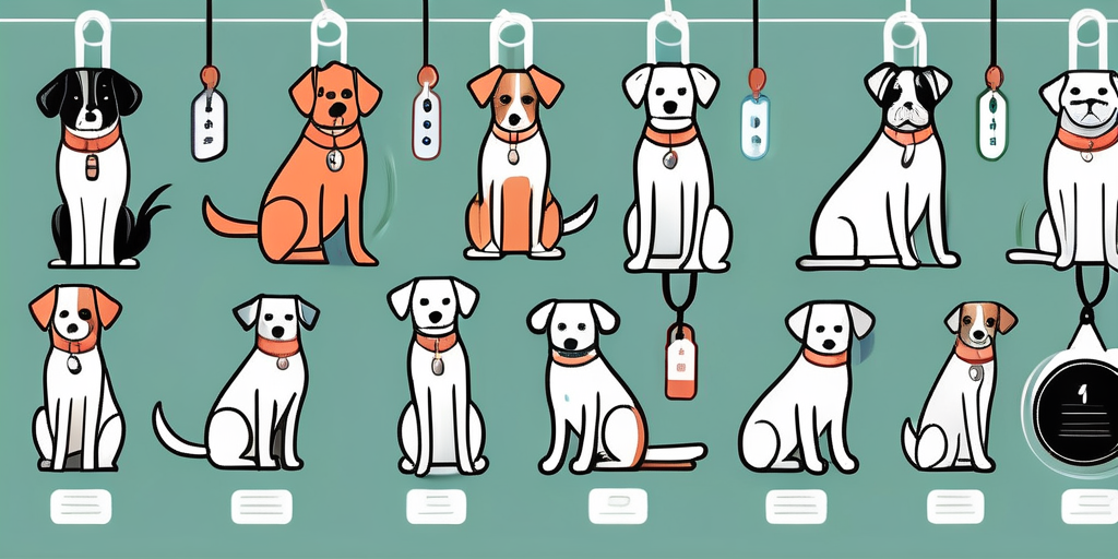 Several different types of dogs standing on a scale with price tags hanging from their collars