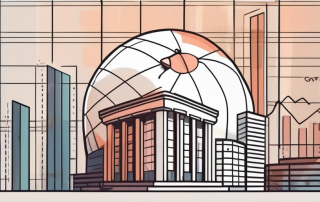 A corporate building with a symbolic pension piggy bank on top