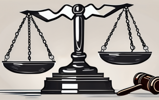 A balanced scale with a gavel on one side and a shield on the other