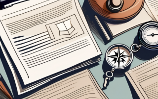 A variety of insurance policy documents placed on a corporate office desk along with a compass
