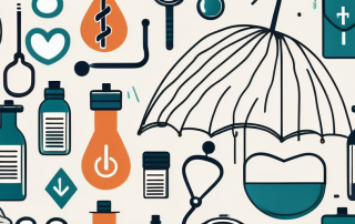 A protective umbrella covering various medical symbols like a stethoscope