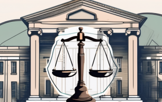 A balanced scale with legal documents on one side and a shield symbolizing protection on the other side