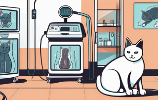 A cat sitting inside a veterinary clinic