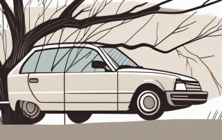 A car with a cracked windshield and a fallen tree branch nearby