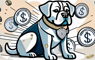 A dog wearing a tag shaped like a shield