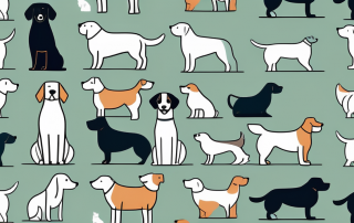 Several different breeds of dogs standing on a giant scale