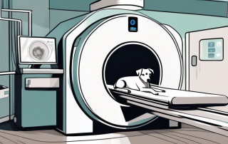 A dog peacefully lying inside a ct scanner in a veterinary clinic