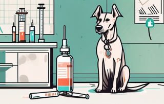 A dog standing next to a large syringe and a vaccine bottle