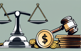 A balance scale with legal gavel on one side and a pile of coins on the other