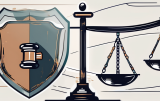 A balance scale with a gavel on one side and a shield symbolizing protection on the other