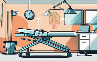 A hospital setting with a focus on a surgery table and medical tools