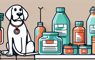A dog sitting next to a variety of vaccination supplies such as syringes
