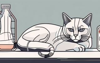 A cat comfortably resting on a cushion with a bandaged paw