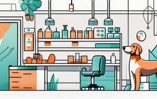 A veterinary clinic with various medical tools and a pet health chart