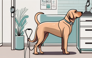 A dog sitting patiently next to a stethoscope and a veterinarian's examination table