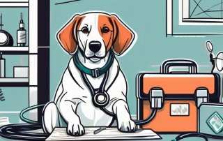 A healthy dog playing with a stethoscope and a medical kit