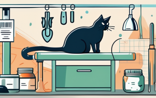 A cat sitting on a vet examination table with various veterinary tools nearby