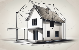 A house under construction with a protective shield symbol hovering over it