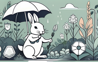 A healthy and happy rabbit surrounded by various symbols of insurance like a protective umbrella