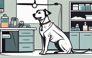 A dog with a bandage and a vet's office in the background