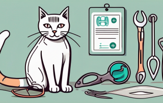 A cat sitting next to various veterinary tools and a health insurance card