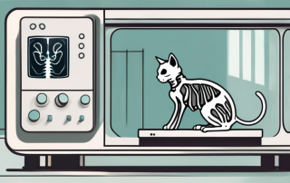 A cat sitting next to an x-ray machine with a radiographic image of a cat's skeleton displayed on a screen
